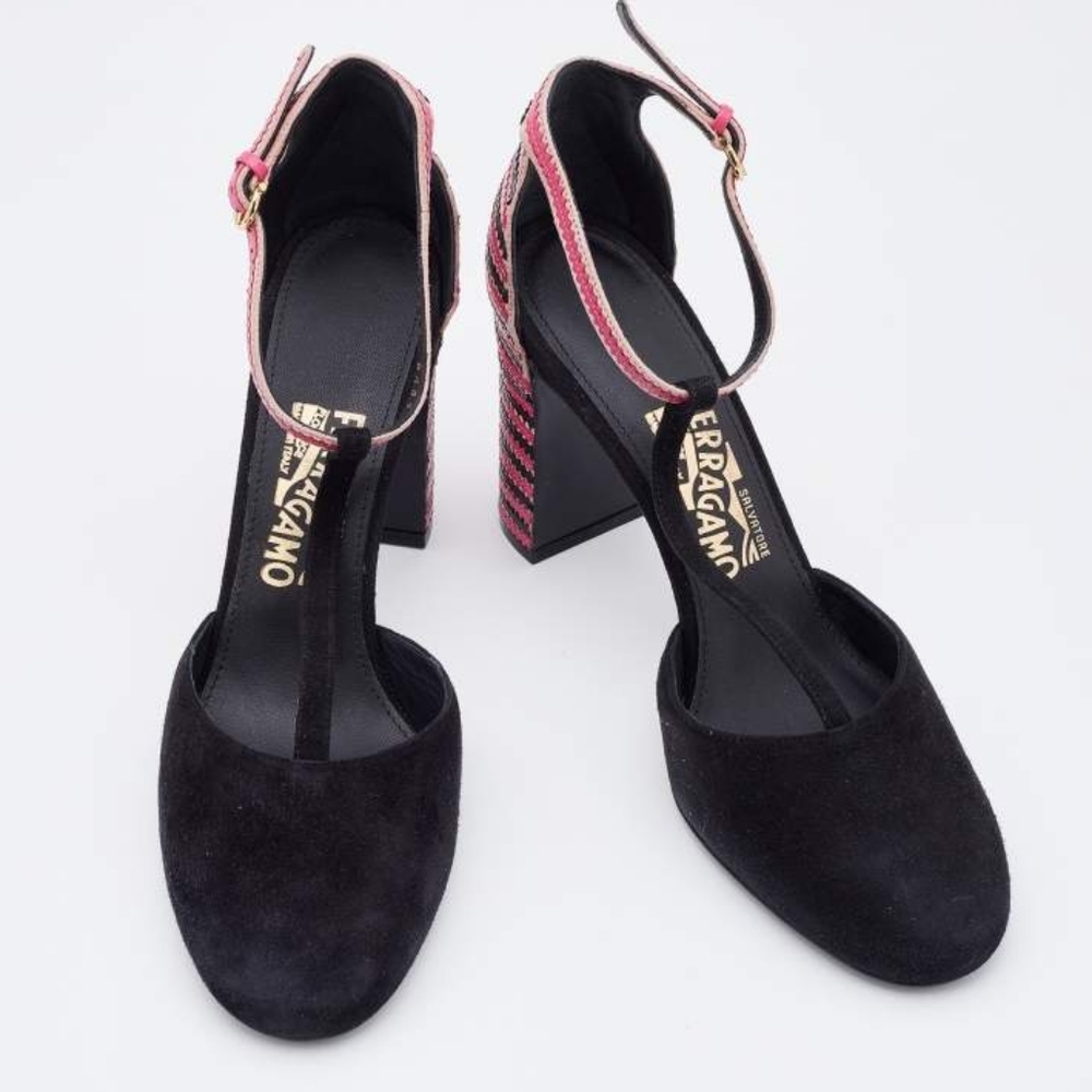 Salvatore Ferragamo Black/Pink Suede And Leather Fergie T-Strap Pumps - Picture 4 of 13